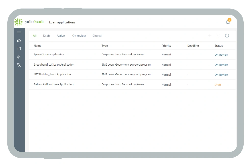 Loan Application Management Sample Screen