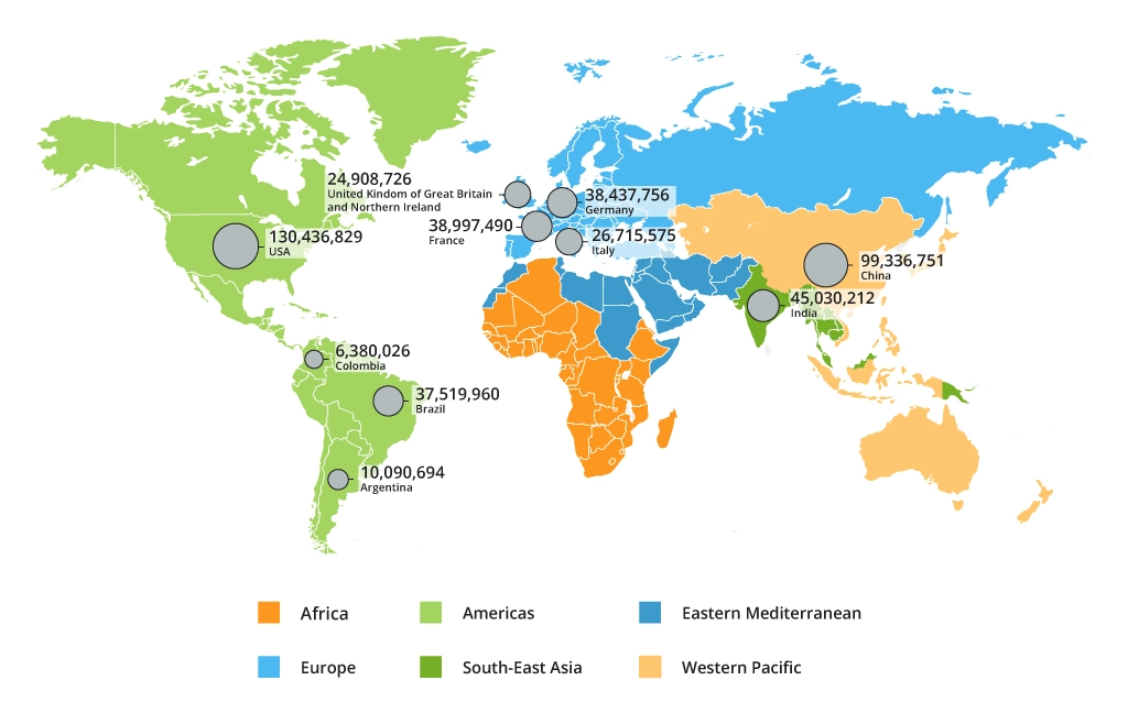 COVID-19 cases by country, as of April 2024